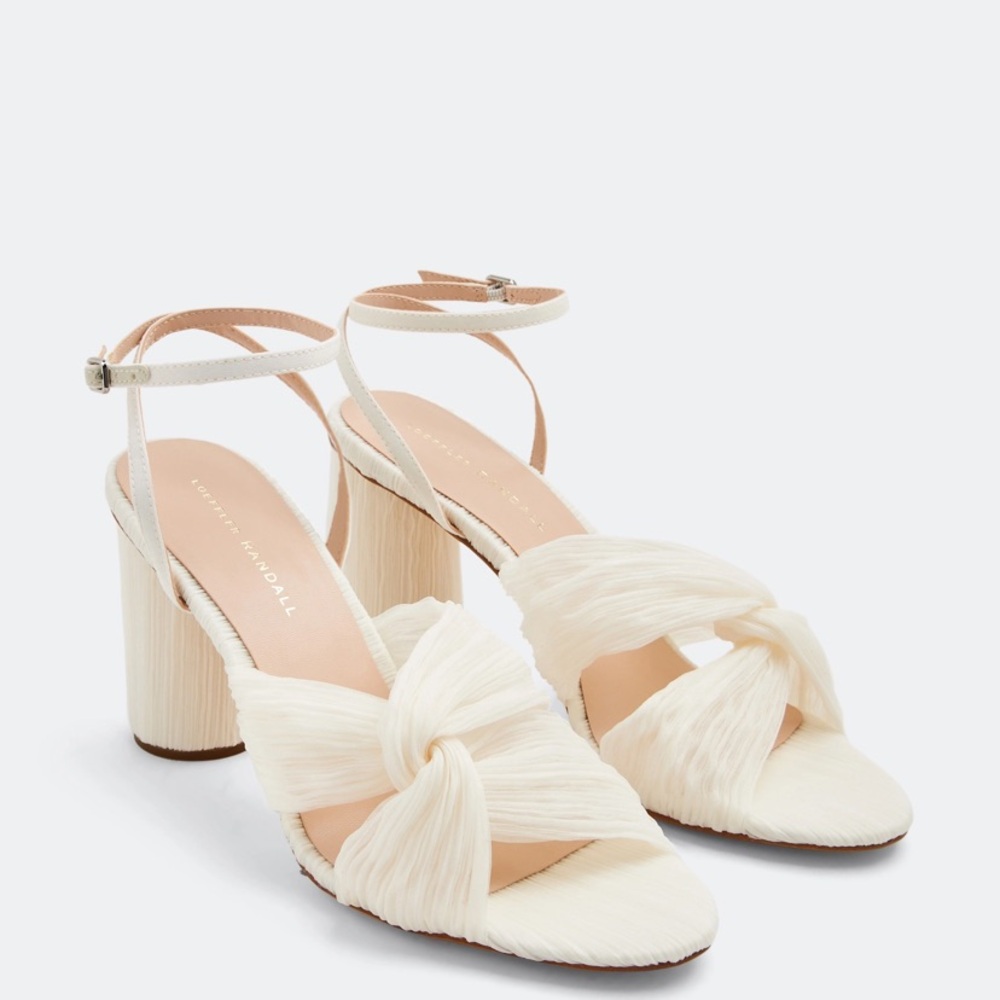 Loeffler Randall Cream Knotted Raffia Block Heel Sandals